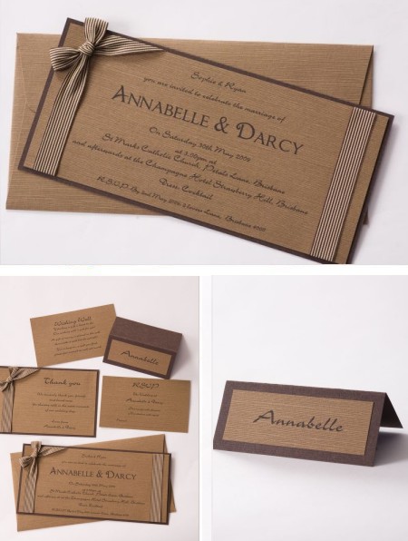 The layered DL invitation displays matching brown and cream striped ribbon