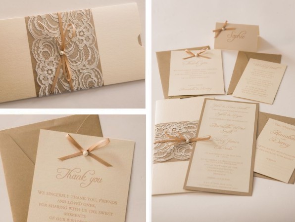 The invitation features metallic cream and mink layers wrapped in luxurious